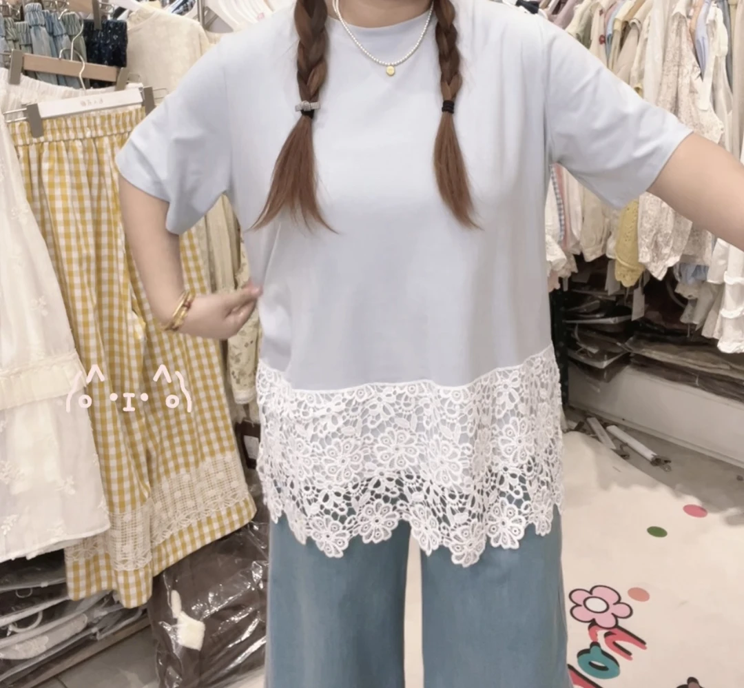 【小岛夏日】2025春夏款设计蕾丝拼接圆领短袖直筒显瘦休闲T恤