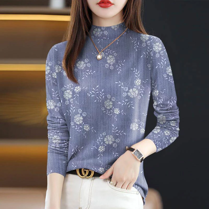 秋冬半高领德绒打底衫保暖女士显瘦上衣洋气百搭复古爆款印花长袖