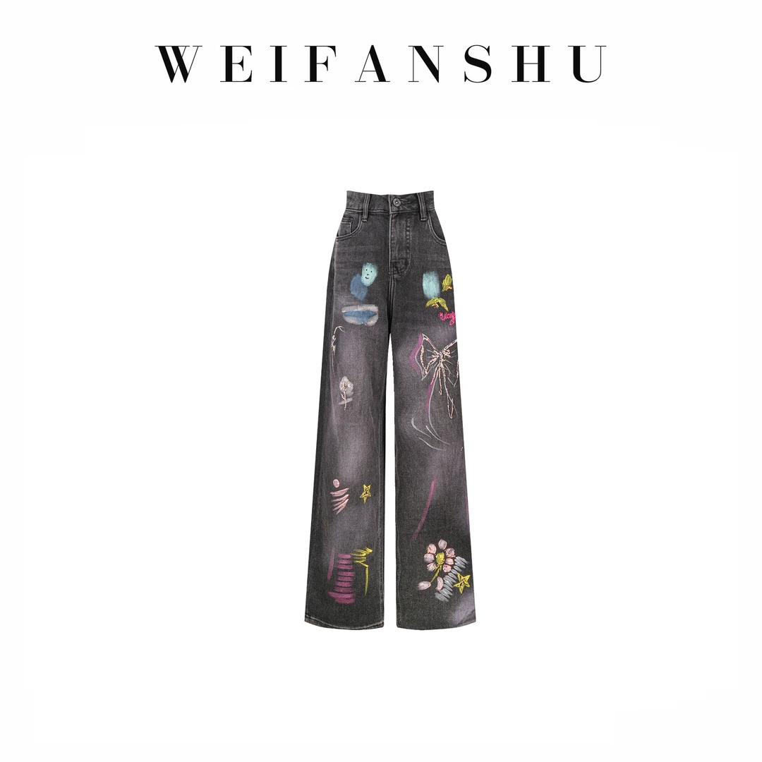 WEIFANSHU/魏凡舒【元气涂鸦】早秋新款百搭显瘦设计感涂鸦牛仔裤