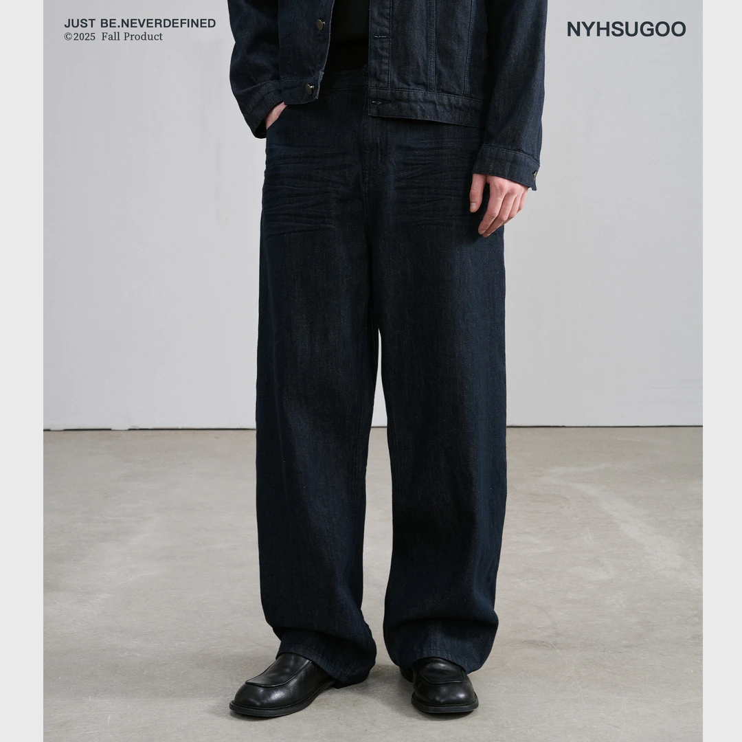 NYHSUGOO/南乙秋季直筒棉质原色后腰定制皮标3816-1男士牛仔裤