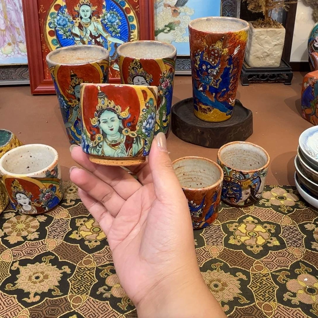 手工手绘绿度母茶杯