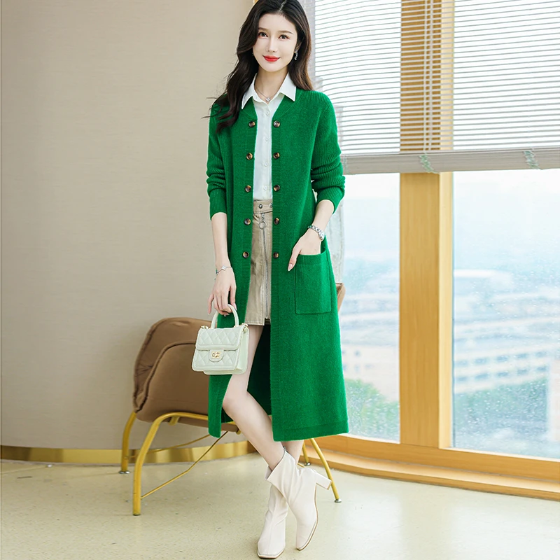 秋冬大码新款针织开衫外搭纯色长款宽松外套时尚中年妈妈装毛衣女