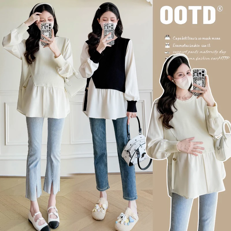 实拍春装新款2025孕妇装时尚上衣拼接设计感开叉假两件衬衫娃娃衫