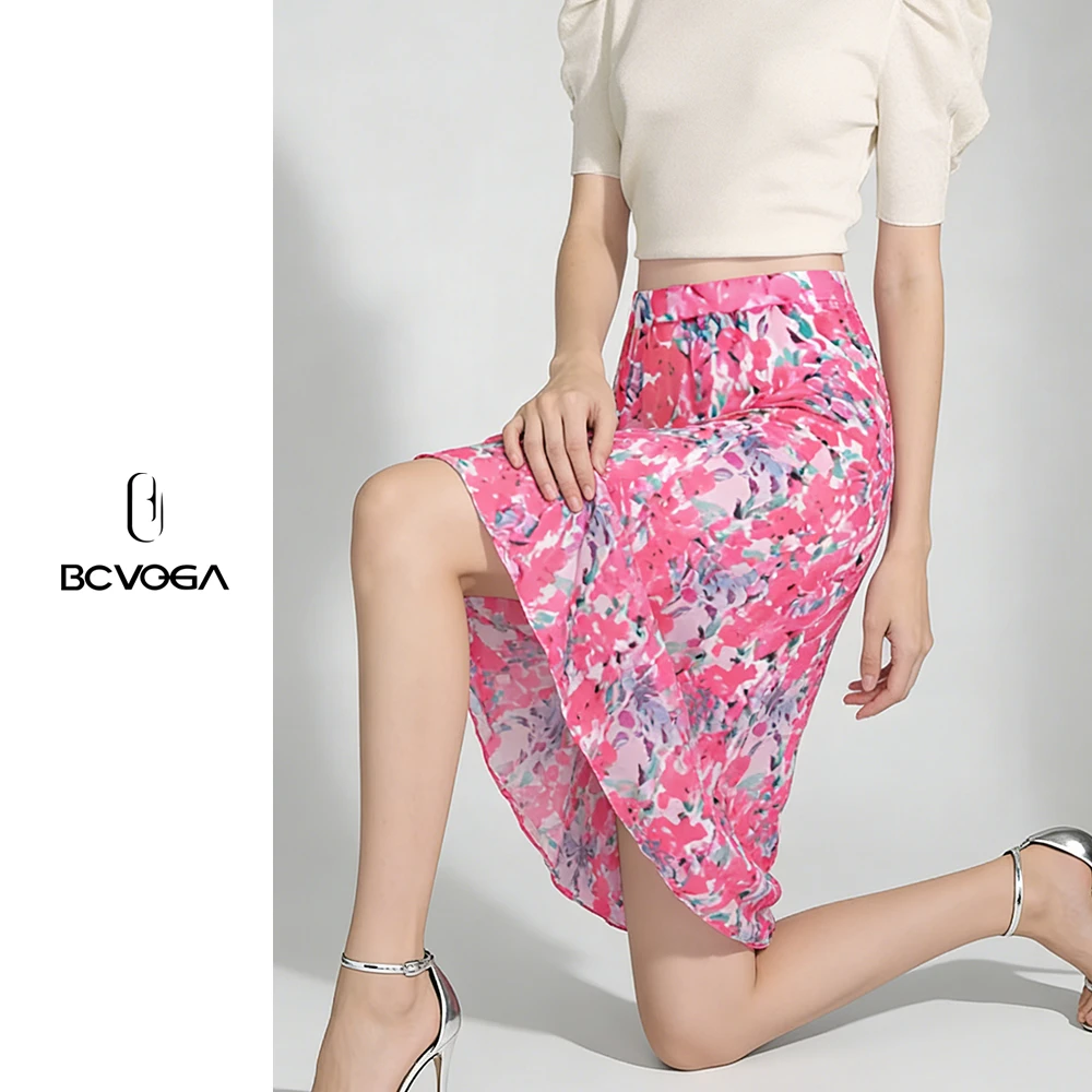 BCVOGA显瘦中长款高腰中长裙印花半身裙A字女装裙子半裙碎花夏季