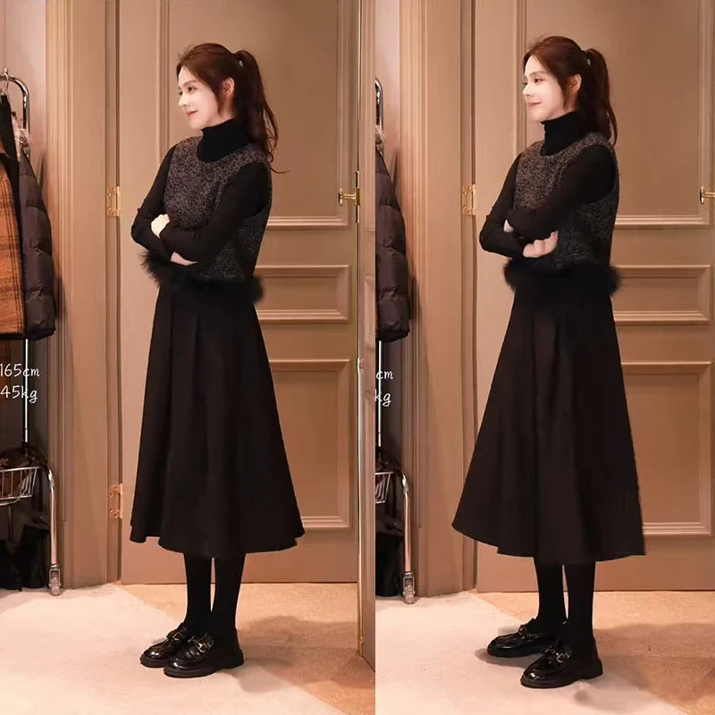 秋冬季搭配一整套法式慵懒风套装百搭打底马甲显瘦半身裙三件套