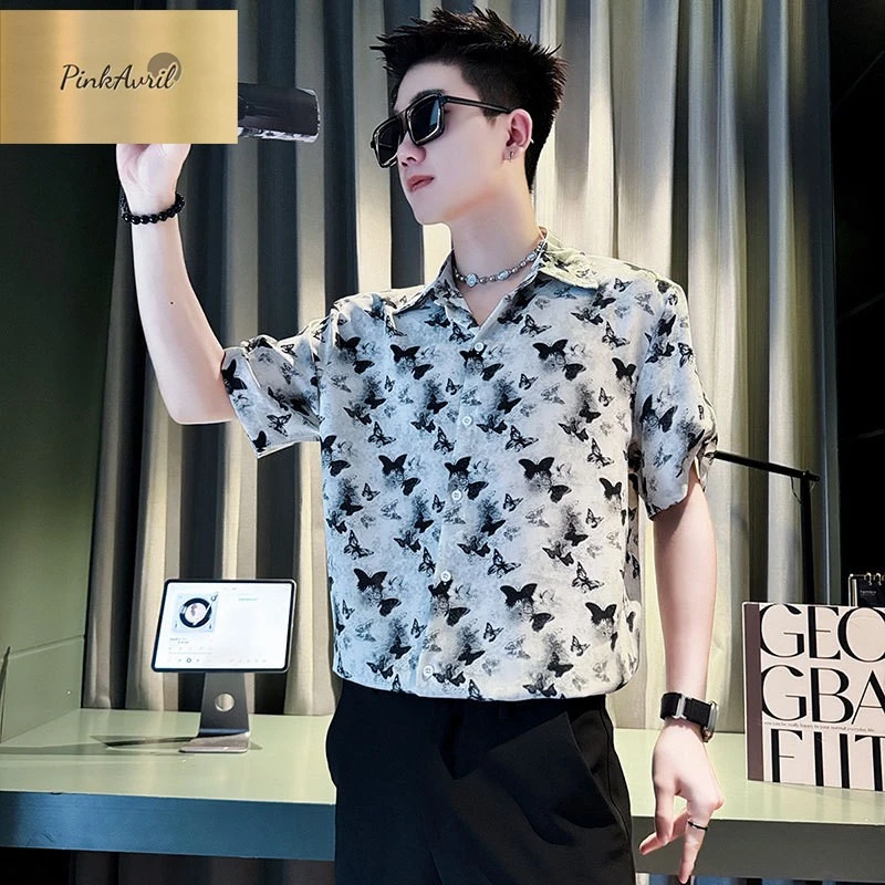 PinkAvril高级感短袖衬衫男夏季冰丝垂感寸衫2025新款男装上衣薄