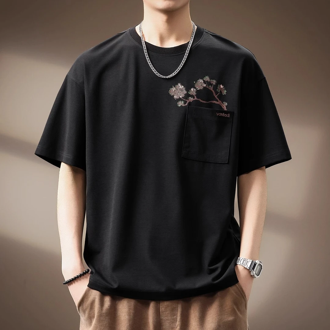 MR.MUDI/穆迪先生高端莱赛尔混纺国风刺绣短袖T恤男夏季潮牌宽松
