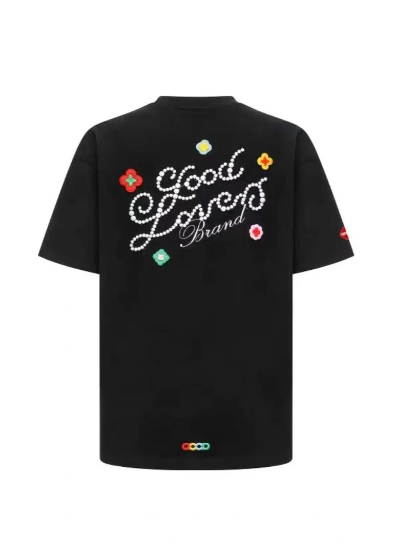 彩色花朵立体刺绣标语LOVES短袖宽松T恤男女同款潮情侣印花