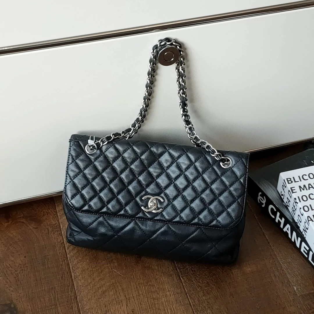 95新 Chanel/香奈儿 Azul - 黑银牛皮机场包 40600