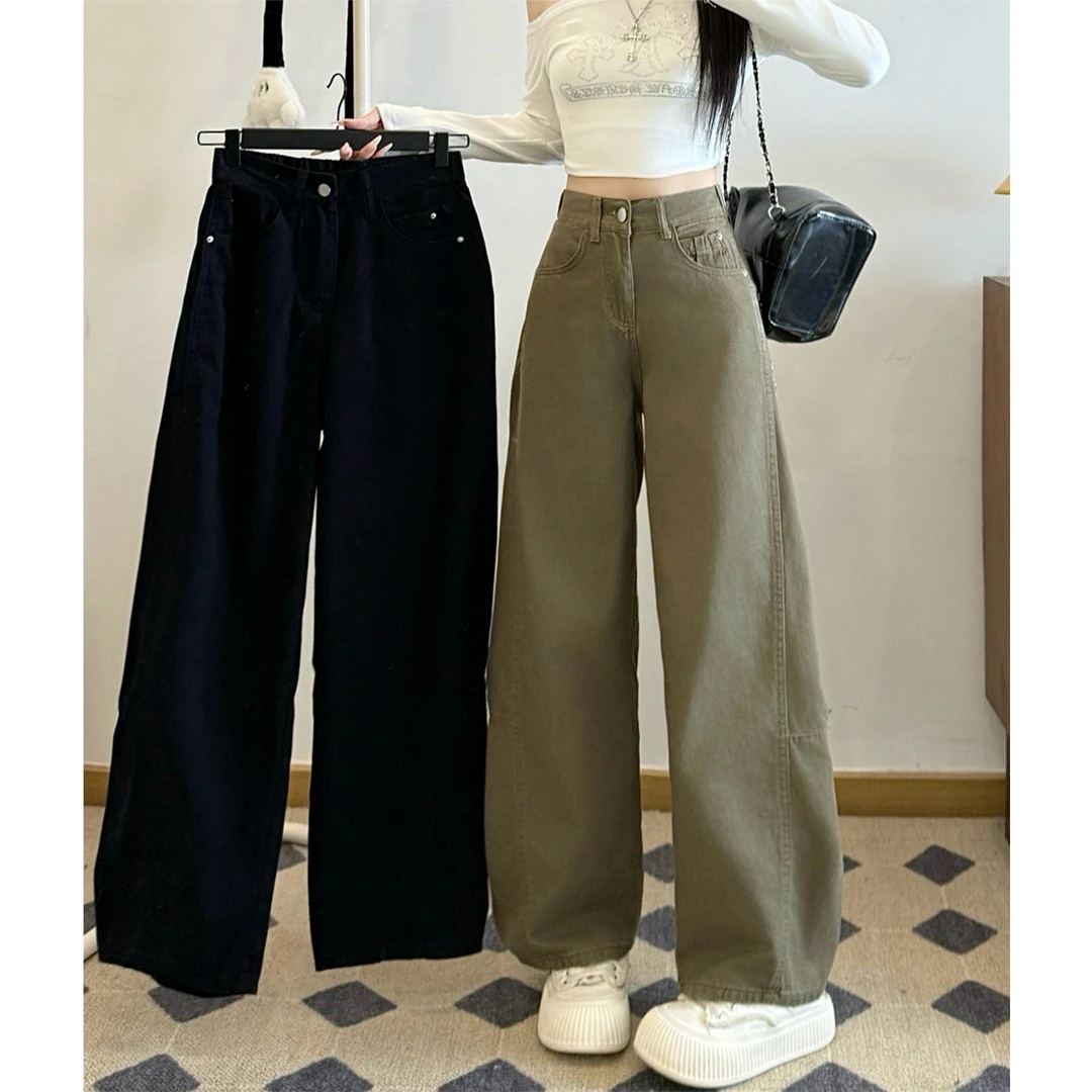 显瘦宽松松紧腰牛仔裤女装秋季新款百搭老爹裤遮肉高腰萝卜阔腿裤