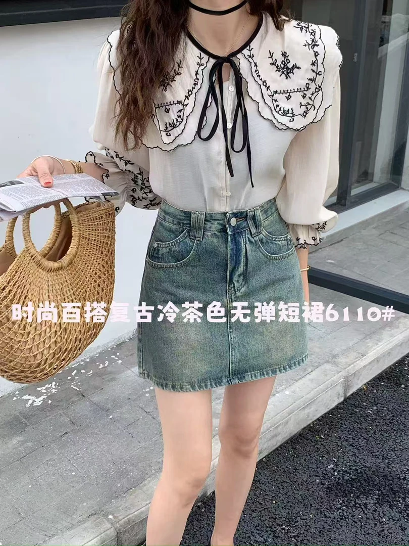 2025新款夏季高腰显瘦时尚百搭复古A字牛仔短裙（6110#）