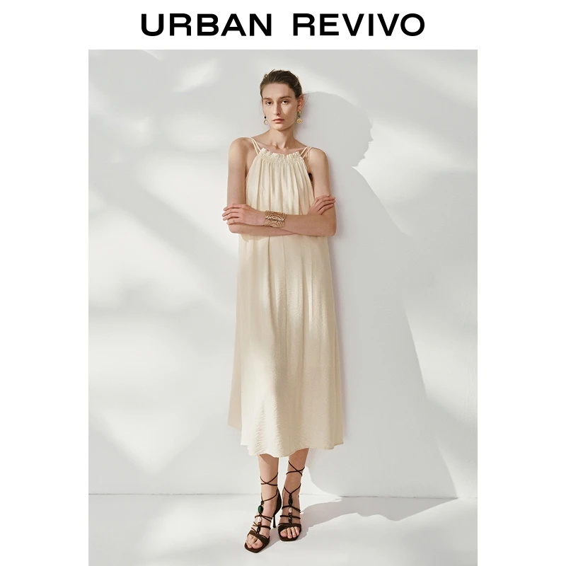 UR2025秋季新款女装休闲流光风双吊带抽褶A字连衣裙UWH750086