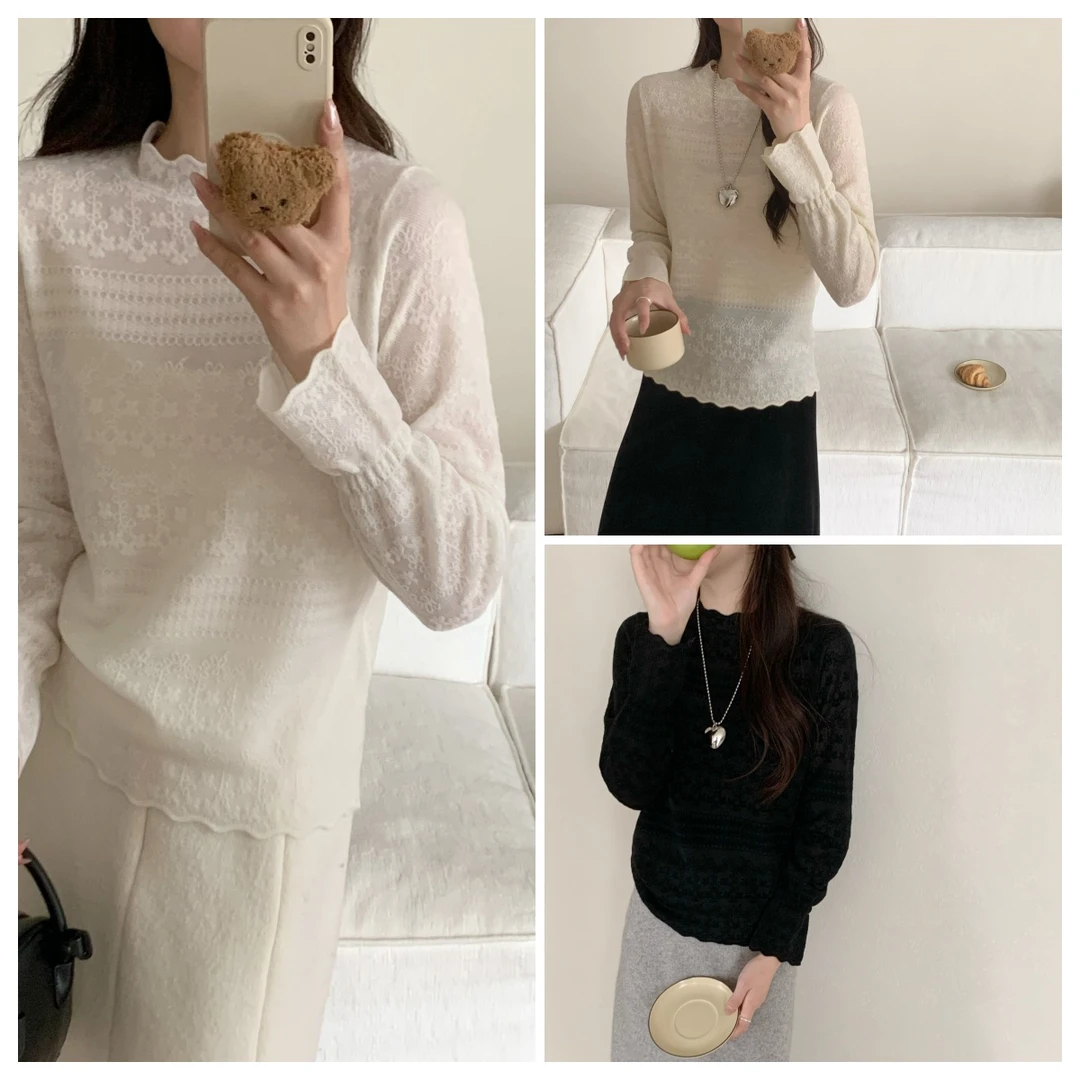 【素简.950125】25年新款秋冬超细羊毛蕾丝打底欧根纱花纹羊毛衫