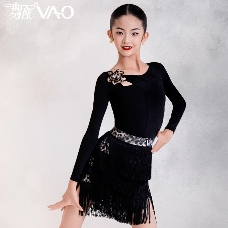 VL51383-2025新款拉丁舞服练功服女VAO舞配舞服黑长袖花朵流苏裙