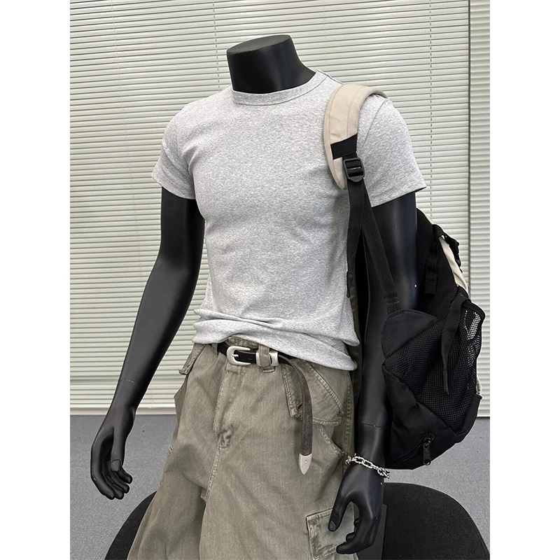 花灰色正肩短袖男款小领口正肩t恤cleanfit打底内搭五分半袖上衣