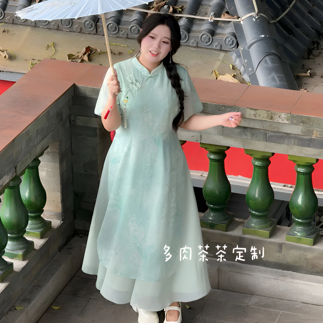 码加加51282大码旗袍假两件绿色显白新中式旗袍连衣裙清新雅致