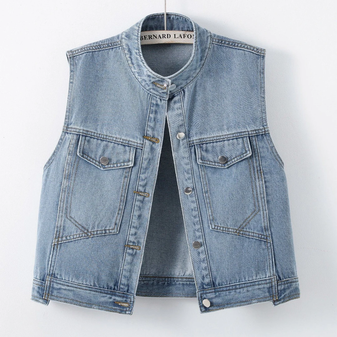 2025年新款复古时尚立领短袖设计感小个子牛仔马甲女夏季显瘦薄款