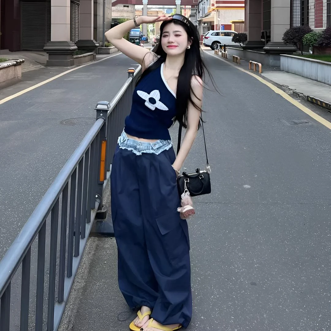 辣妹时尚设计感修身短款斜肩背心上衣百搭高腰显瘦阔腿裤时尚套装