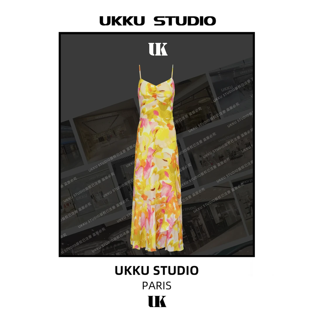 秀秀【UKKUSTUDIO】【落日黄昏】设计师玫收腰花朵吊带连衣裙913867