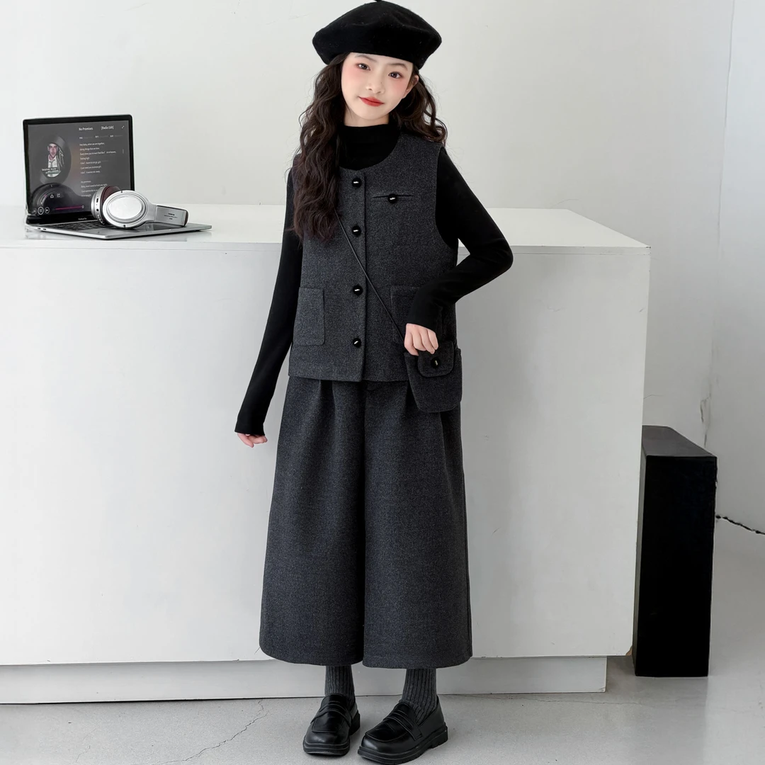 女童秋冬新款高级感毛呢时尚韩系马甲背心打底衫阔腿裤气质三件套