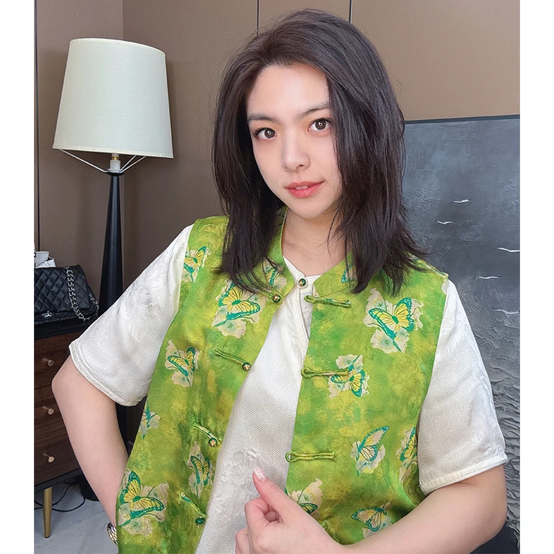 美美国风2025夏新款复古文艺立领盘扣织染蝴蝶提花新中式马夹678