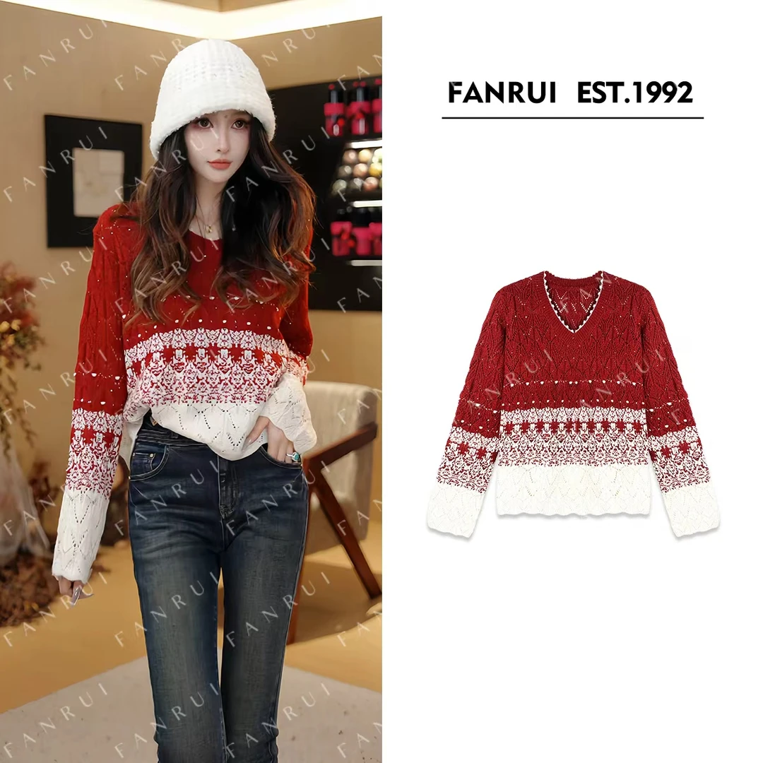FANRUI/泛芮「贝贝biuu」羊毛暗纹双色拼接减龄百搭针织上衣B18559