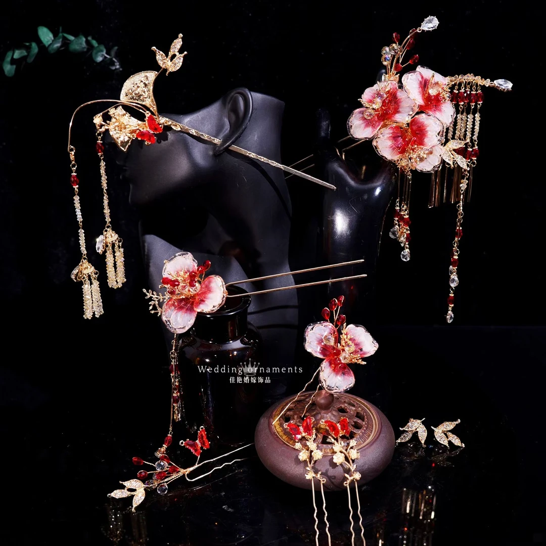 9076新款中式古装婚礼配饰渐变红色系减龄清透感花朵精致新娘头饰