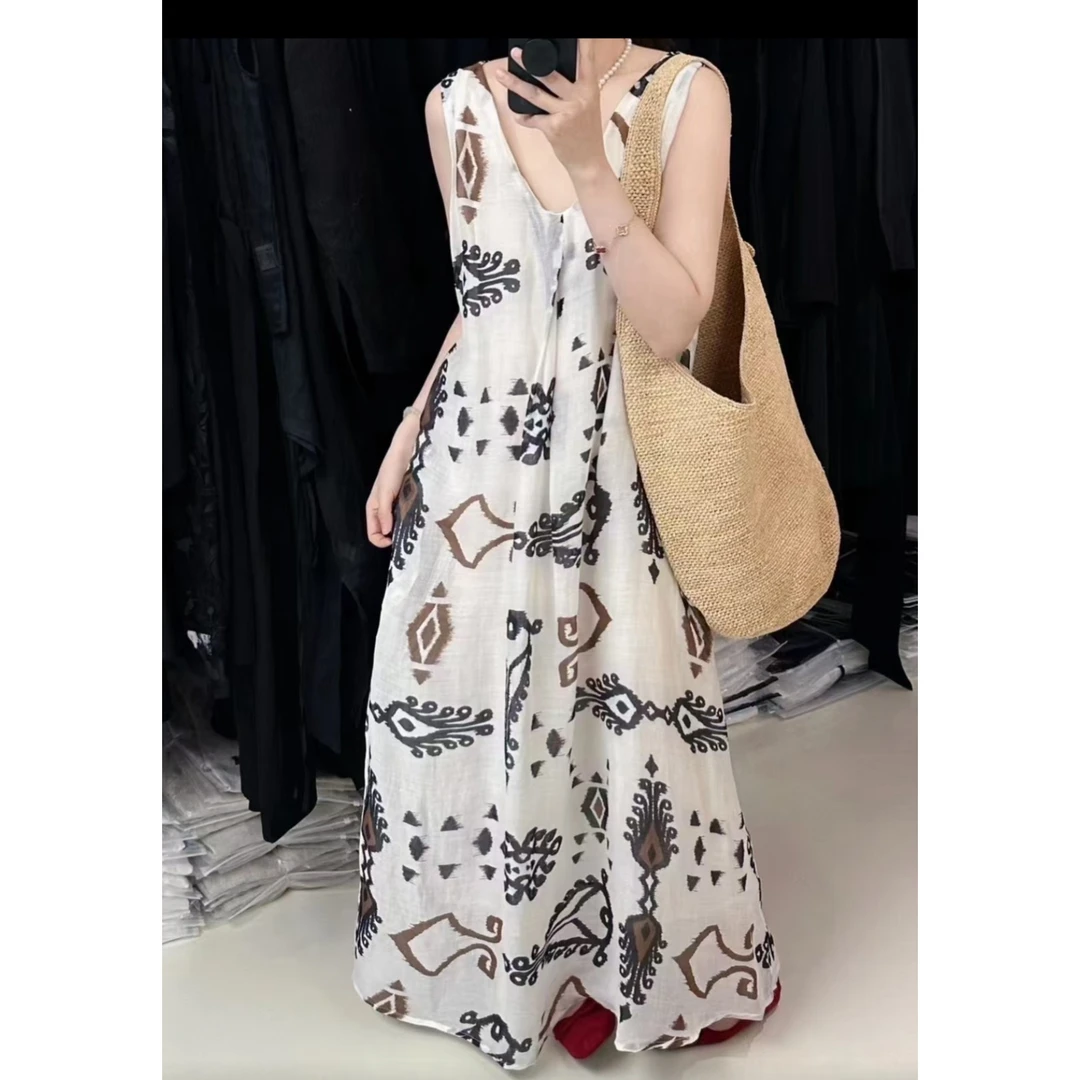 苎麻加衬长款V领连衣裙夏季气质显瘦时尚甜美无袖百搭设计感