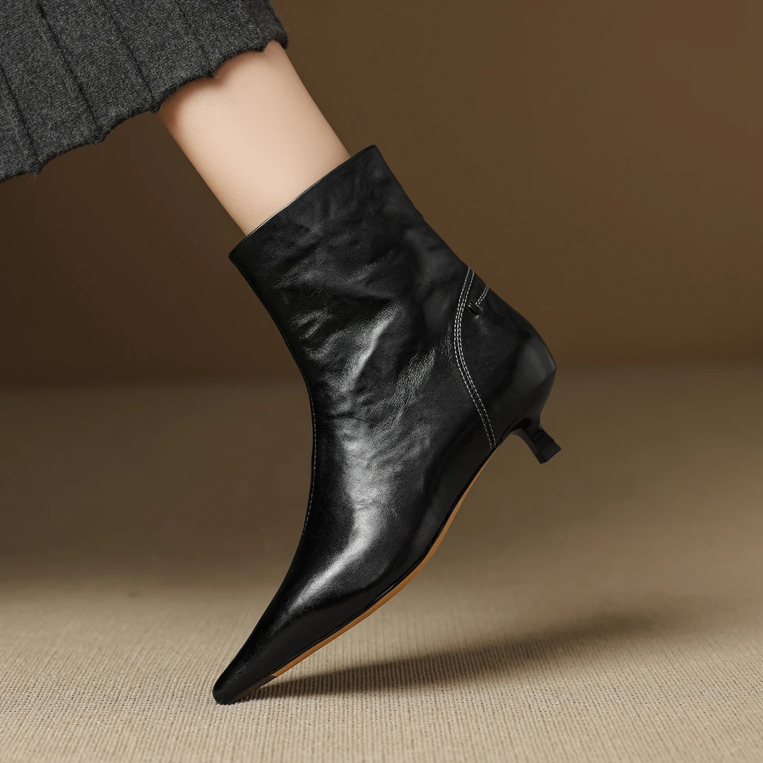 3.5cm头层牛皮中跟显瘦短靴秋冬百搭中跟显腿长靴子时尚细跟单靴