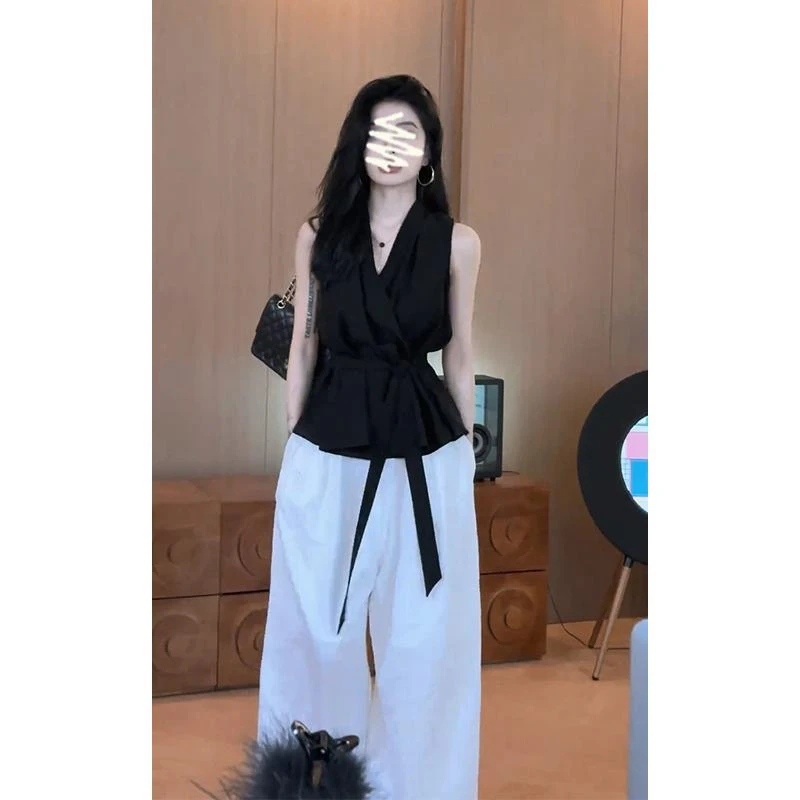 2025夏季新款女高级感收腰绑带V领无袖上衣气质高腰显瘦阔腿长裤