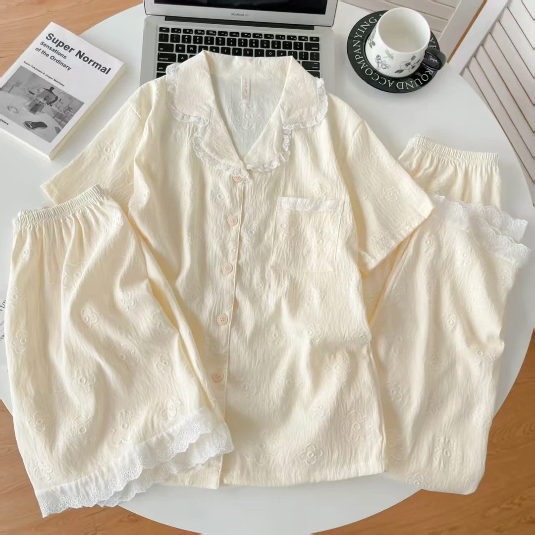 简约短袖夏季常规睡衣家居服套装法式女士甜美睡衣