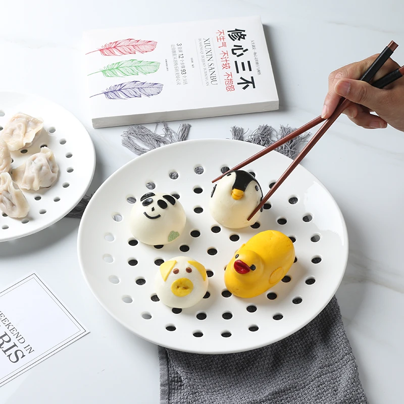 陶瓷圆形多孔蒸盘家用饺子盘子蒸海鲜蒸包子蒸鱼盘蒸格盘沥水盘子