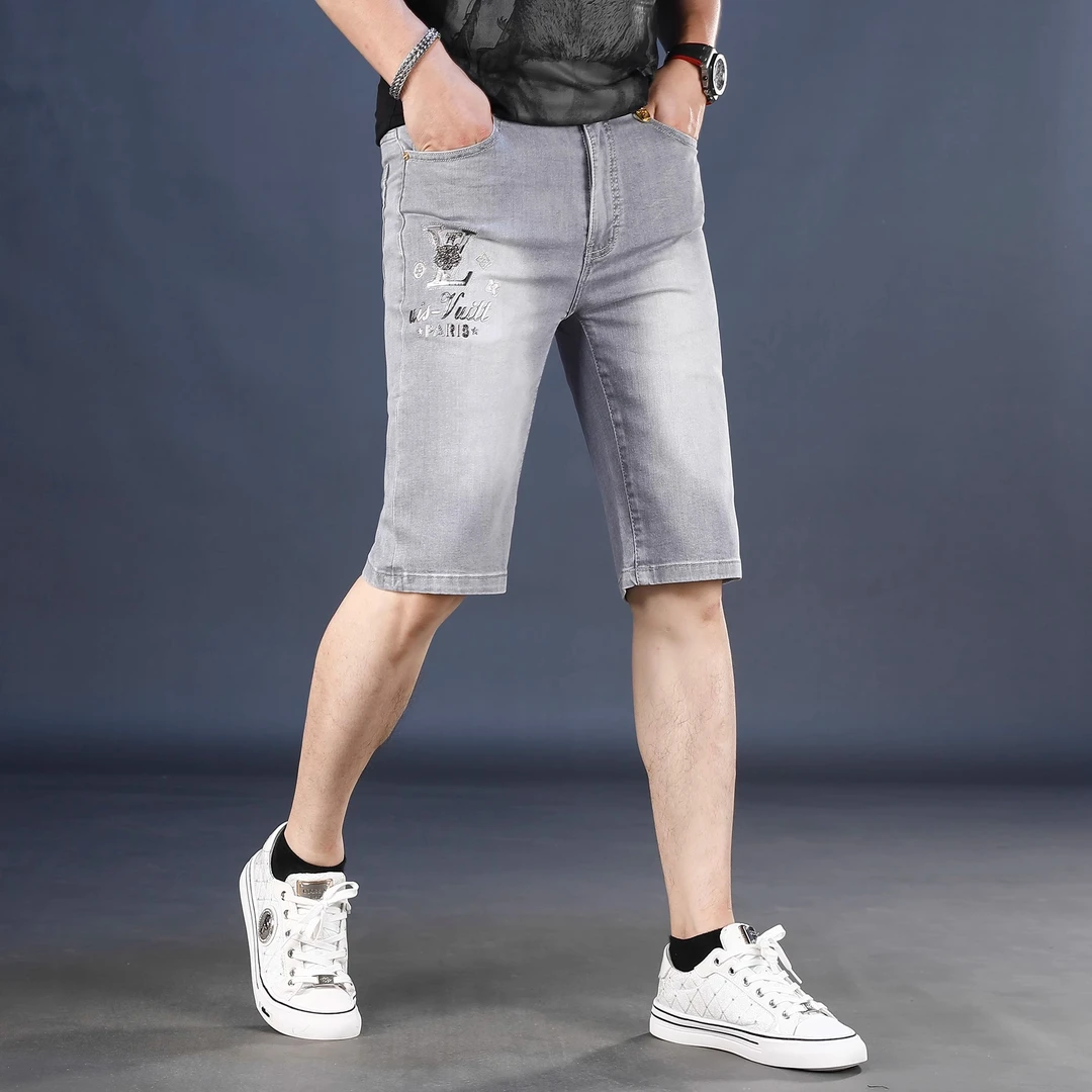 潮牌印花灰色牛仔短裤男款爆款2025新款夏季薄款修身直筒五分裤男