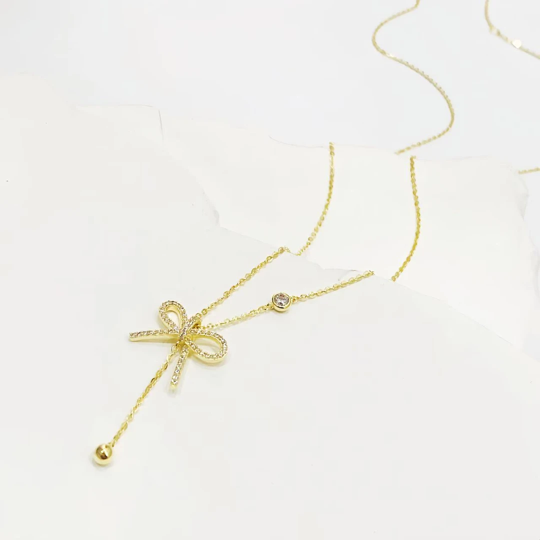 坠链均925银合成锆石 c332 c333【蝴蝶结银项链】蝴蝶机Y字链7462