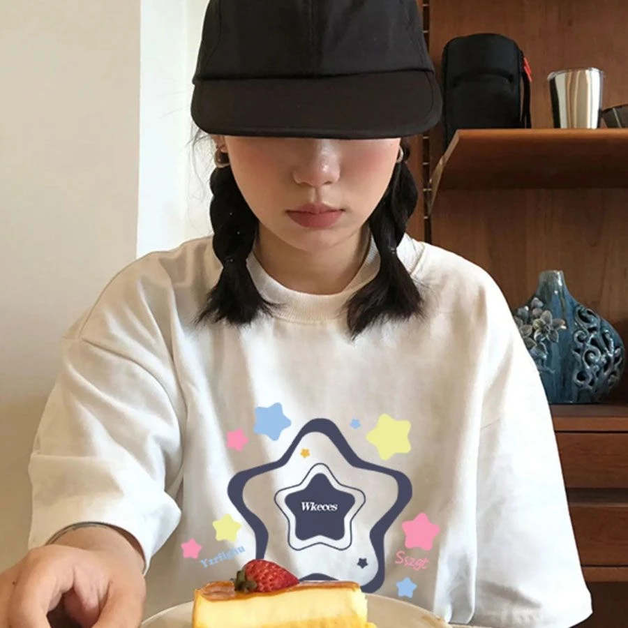 韩版慵懒风星星印花短袖T恤女宽松显瘦休闲时尚气质百搭套头上衣