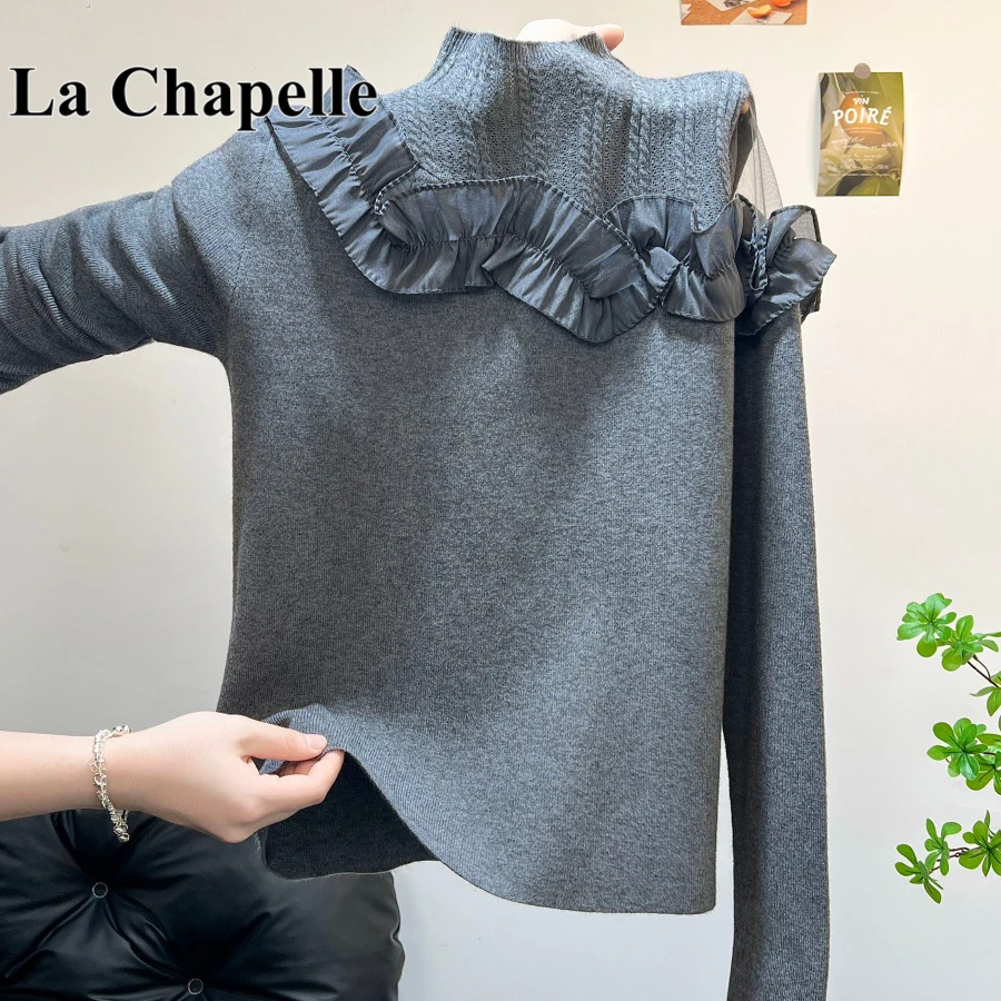 拉夏贝尔美式网纱拼接针织打底衫女内搭秋冬款修身半高领长袖上衣