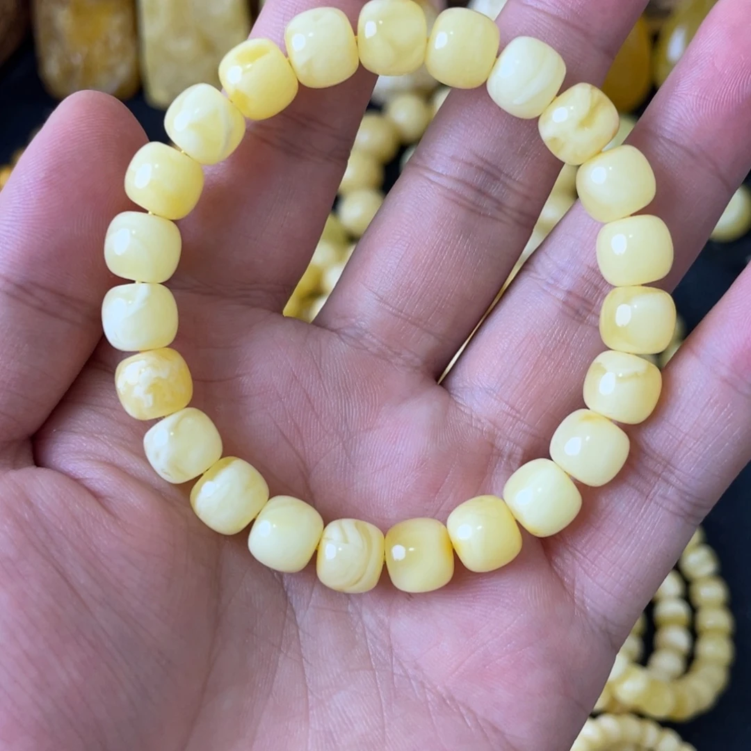 琥珀未镶嵌手串9+俄料妖白花蜡精工老型手串（微瑕）
