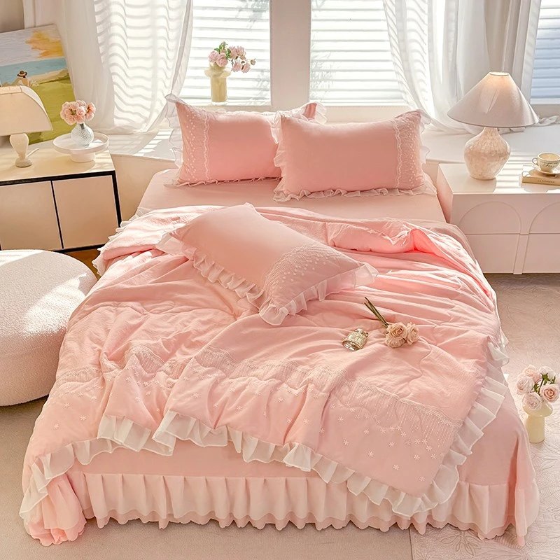 新款公主风蕾丝花边夏被四件套 亲肤水洗棉柔软透气床品套件