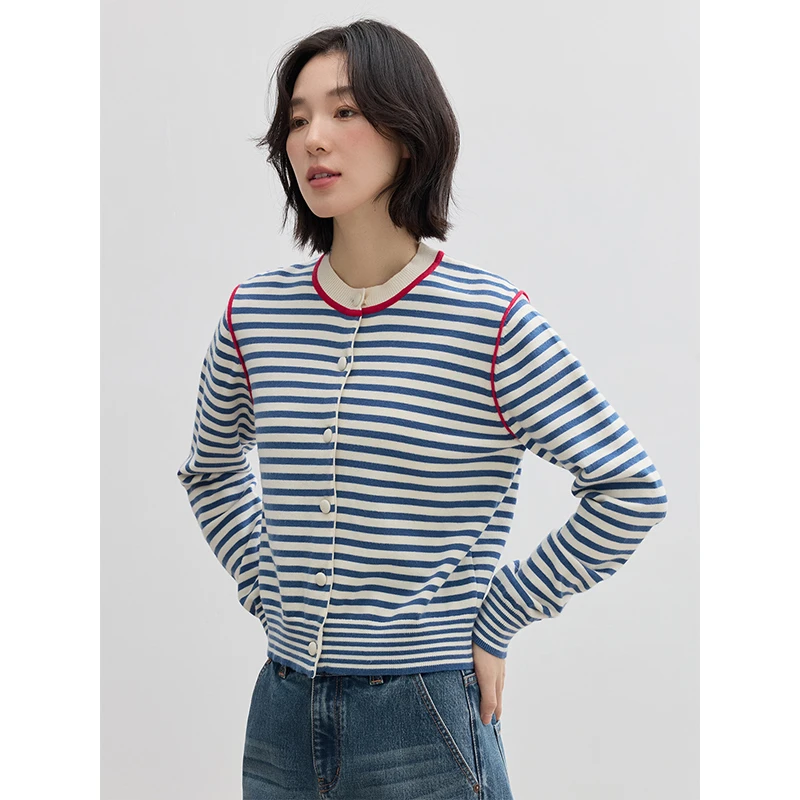 素典蓝色条纹长袖针织开衫春季新款复古小个子外套短款上衣3441