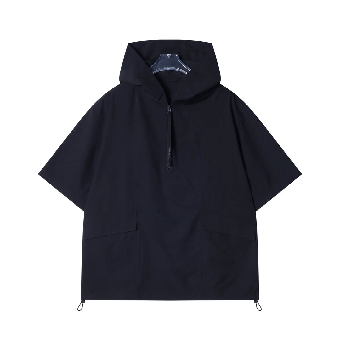 早春新款时尚个性纯色半拉链连帽短袖T恤下摆松紧绳设计痞帅上衣