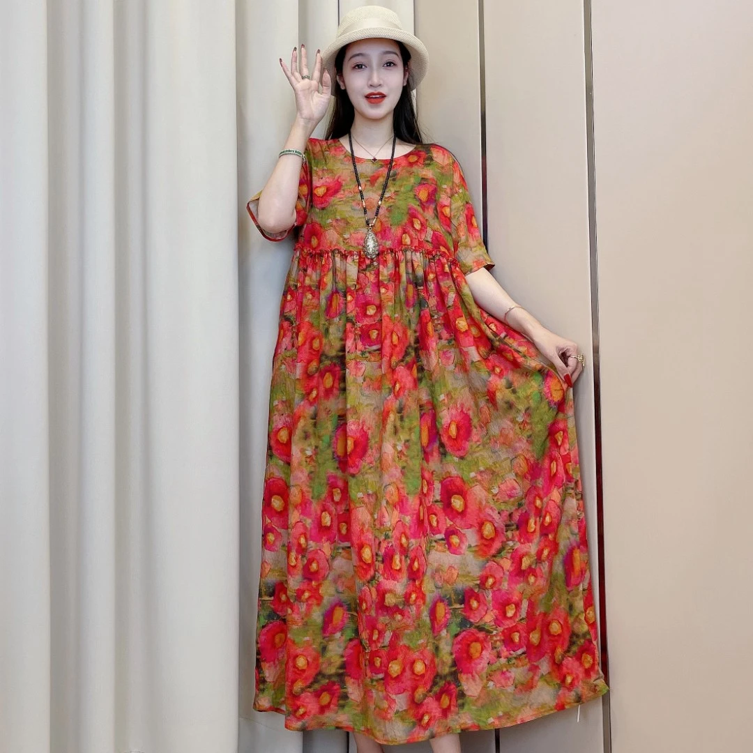 【桃花朵朵】2025新款夏季贵气轻奢遮肉透气减龄度假旅游连衣裙