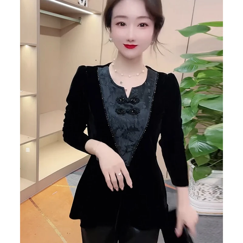 秋季修身型中长款拼接收腰气质黑色时尚蕾丝衫减龄显瘦打底衫上衣