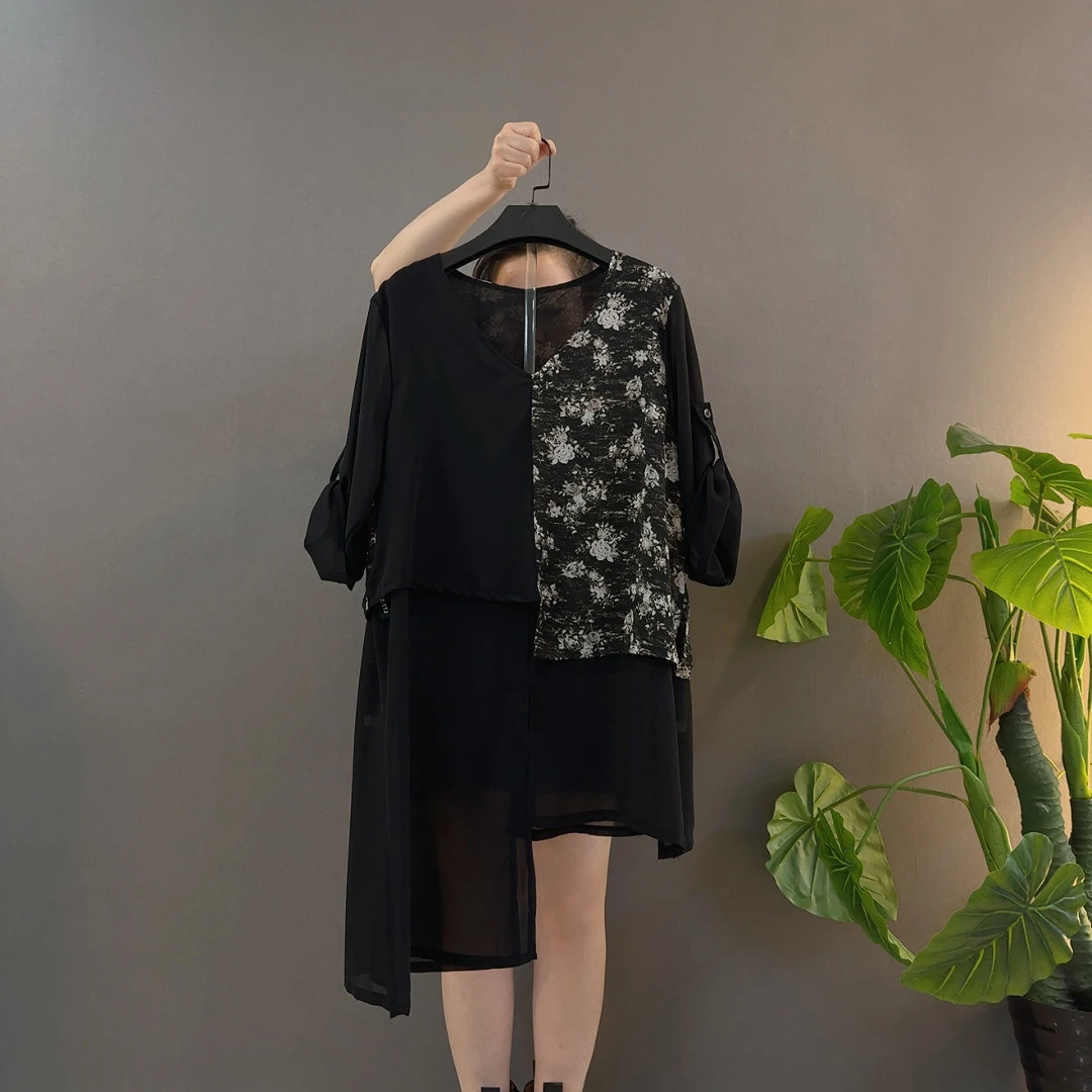 拼接雪纺设计师短袖网红显瘦休闲时尚遮肚显瘦大码衫