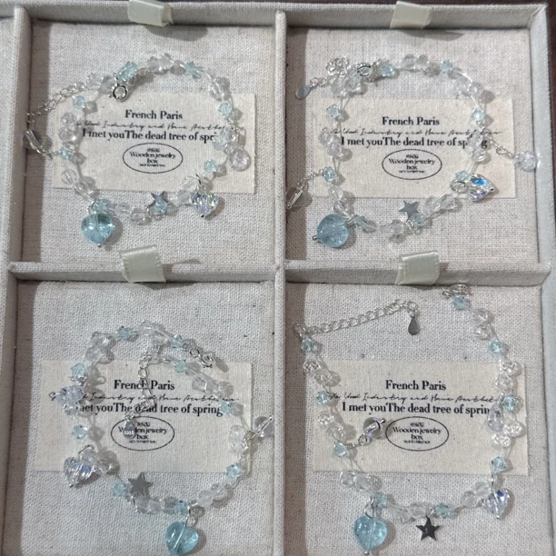 SG2817-［托帕蓝爱心星星］托帕石白水晶银配手串均有色差瑕多样发