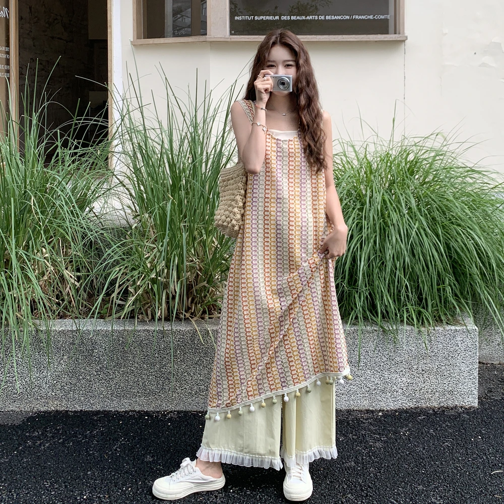 新品波西米亚穿搭流苏设计感度风假两件套拼接休闲格子甜美连衣裙