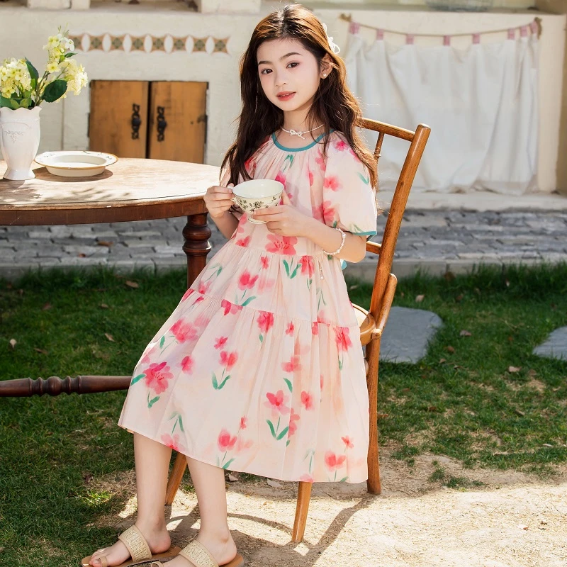 女童连衣裙夏季2025新款洋气碎花泡泡袖漂亮女孩儿童夏装公主裙子