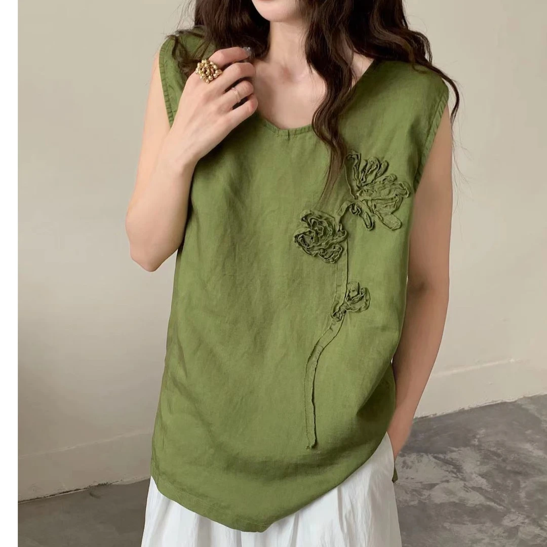 【天丝亚麻&芍药花背心】圆领韩版夏季休闲无袖背心  B591
