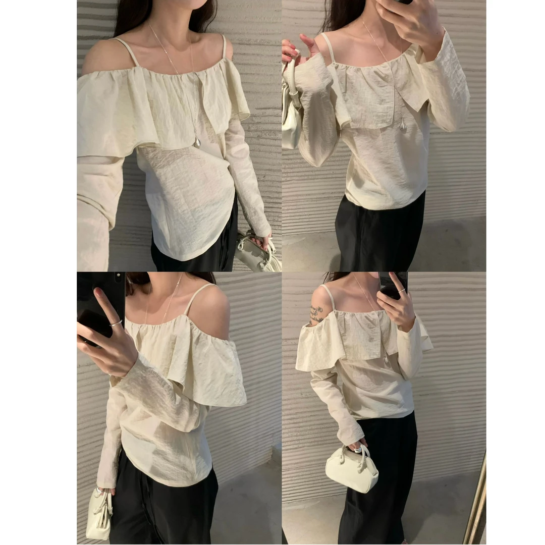 十三行OLIVE-夏季福秒 荷叶边露肩长袖T#2500