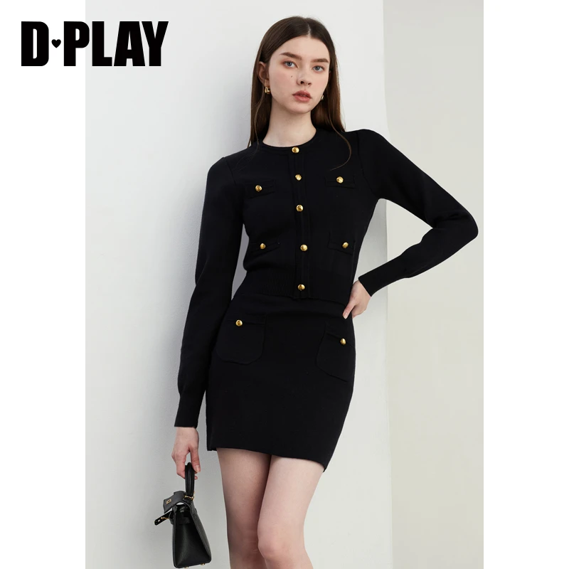 DPLAY2025春季新款百搭黑色单排扣针织开衫半身裙两件套套装女
