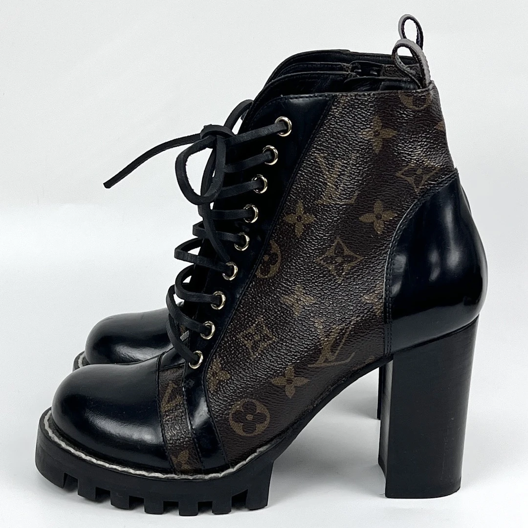 95新 LouisVuitton/路易威登 37.5码 棕老花满印高跟靴 lm4041